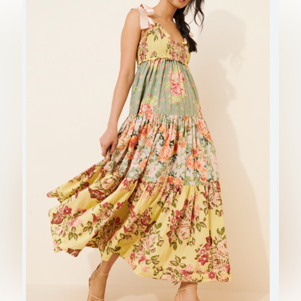 Free People Floral Tiered Maxi Dress in Sage, Yellow & Pink - Picture 2 of 9